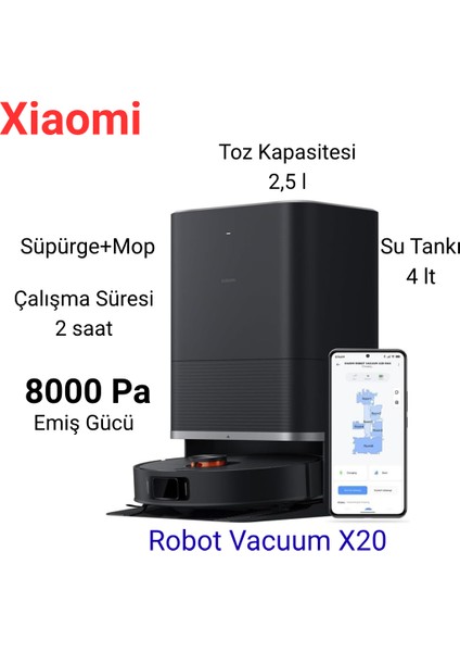 akıllı Haritalama, Eşzamanlı Vacumming & Mop, Hassas Lazer Haritalama ve NAVIGASYON,X20 Max Çöp Istasyonlu Akıllı Robot Süpürge + Mop