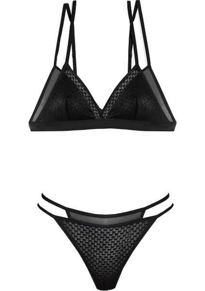 Divine Kadın Çift Kat Detaylı Siyah Geometrik Desenli Iç Çamaşırı Takımı