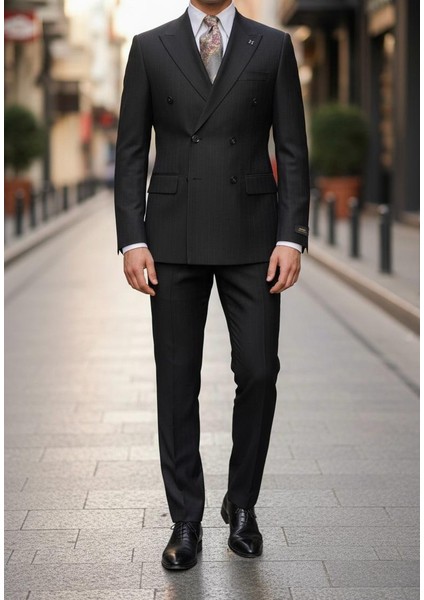 Siyah Çizgili Erkek Kruvaze Takım Elbise modelleri