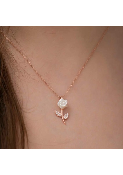 Gümüş Rose Beyaz Gül Kolye modelleri
