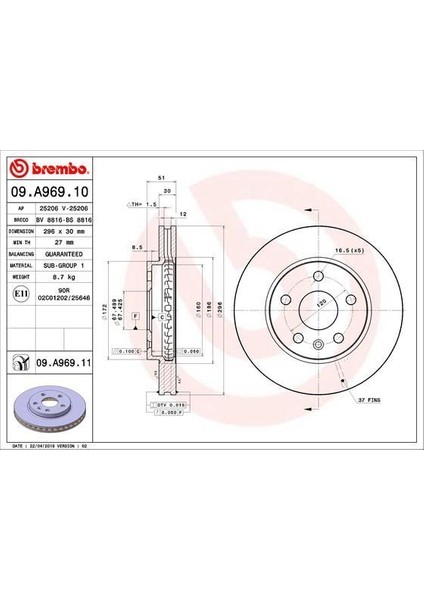09A96910 - Ön Fren Aynası Insıgnıa A 08 Saab 9-5 YS3G 10 16 Jant 296×30X5DLXHAVALI 13501307-569063