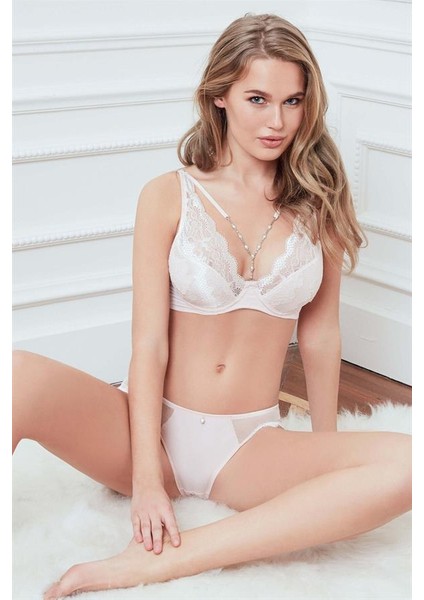 Arias Closet Balenli Desteksiz Dolgusuz Yaka Detaylı Inci Taşlı Dantelli Sütyen ve Slip Takım