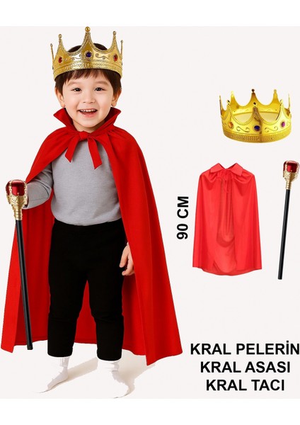Çocuk Kral Kostüm Seti – Kırmızı Pelerin, Taç ve Asa (90 Cm) fiyatları
