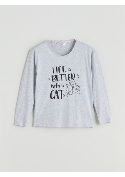 Yeni Sezon Bisiklet Yaka Baskılı Kadın Pijama Üstü