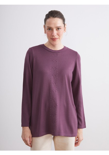 Yeni Sezon Bisiklet Yaka Taşlı Kadın Triko Kazak