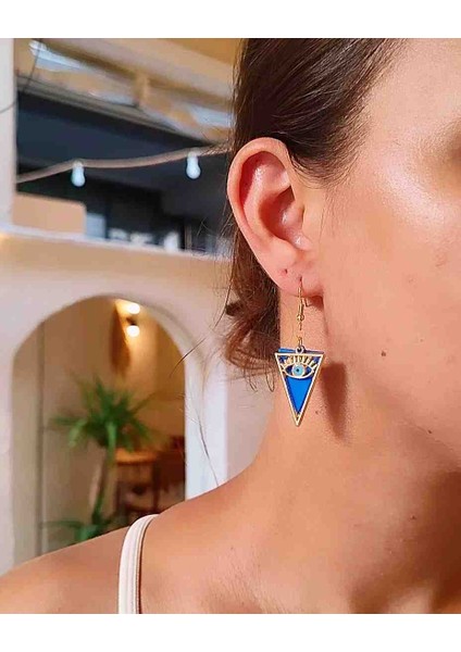 Blue Eyes Üçgen El Yapımı Mavi Göz Altın Kaplama Çelik Küpe