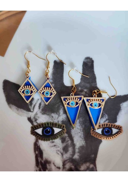 Blue Eyes Üçgen El Yapımı Mavi Göz Altın Kaplama Çelik Küpe fırsatları