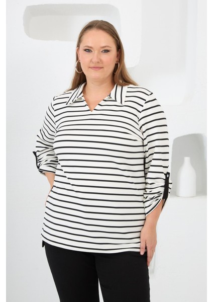 Kadın Çizgili Gömlek Yaka Detaylı Beyaz Büyük Beden Sweatshirt