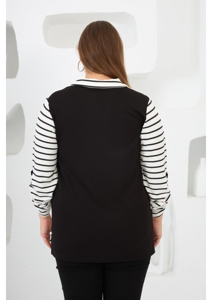 Kadın Çizgili Gömlek Yaka Detaylı Beyaz Büyük Beden Sweatshirt fiyatları