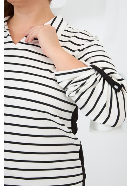 Kadın Çizgili Gömlek Yaka Detaylı Beyaz Büyük Beden Sweatshirt modelleri