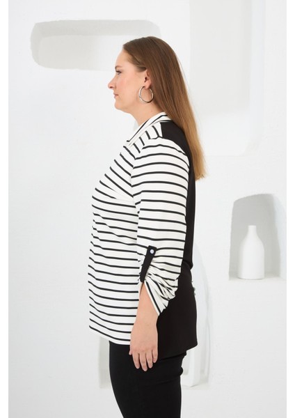 Kadın Çizgili Gömlek Yaka Detaylı Beyaz Büyük Beden Sweatshirt fırsatları