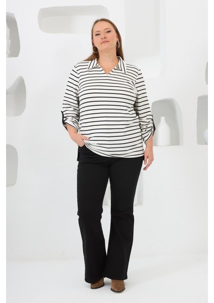 Kadın Çizgili Gömlek Yaka Detaylı Beyaz Büyük Beden Sweatshirt indirimleri