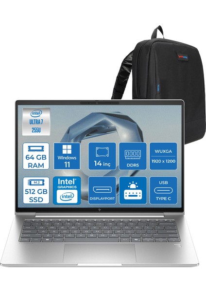 Elitebook 6 G1I Intel® Core Ultra 7 255U 64GB Ddr5 512GB SSD 14" Wuxga (1920 x 1200), IPS 400 Nits WIN11PRO Taşınabilir Bilgisayar C9XW2ETP17+ZETTAÇANTA