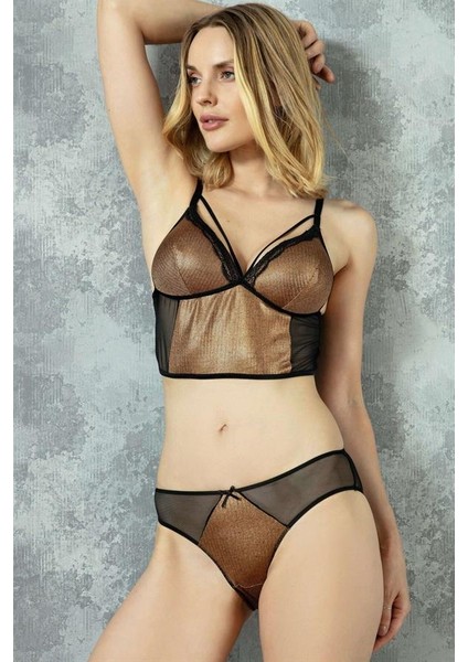 Arias Closet Balensiz Desteksiz Dolgusuz Yaka Detaylı Parlak Baskılı Bralet Sütyen ve Slip Takım