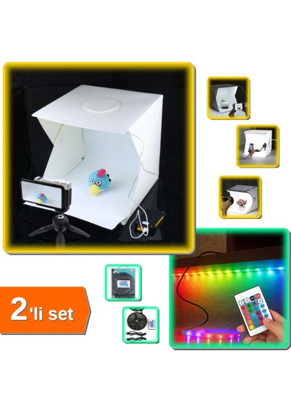 Fotoğraf Çekim Çadırı + Rgb 30 LED USB Kumandalı Işık Seti 2li Profesyonel Mini Stüdyo FX27LM