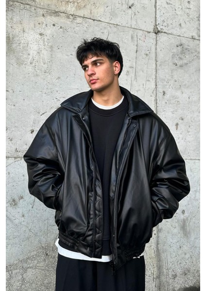 Oversize Vintage Erkek Siyah Deri Ceket