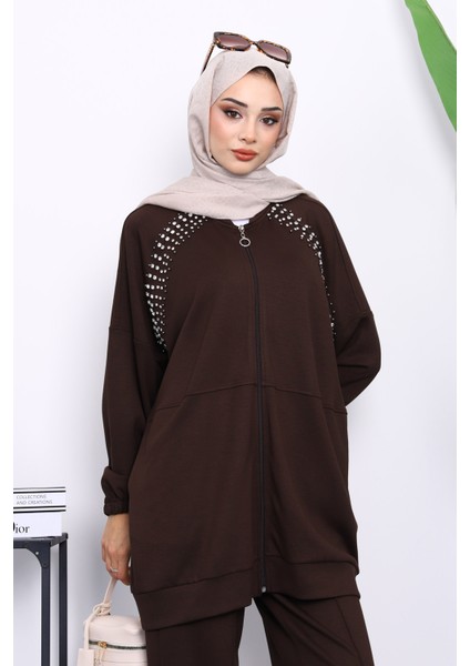 Kahverengi Taş Detaylı Fermuarlı Pantolonlu Tunik Modal Takım modelleri