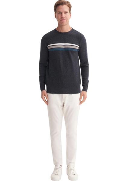 Soft Touch Slim Fit Basic Çizgi Baskılı Bisiklet Yaka Kazak