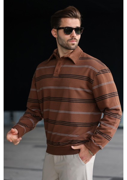 Kahverengi Çizgili Polo Yaka Erkek Sweatshirt E7172