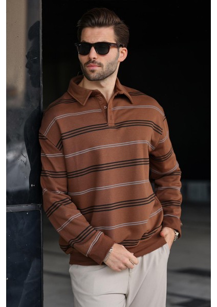 Kahverengi Çizgili Polo Yaka Erkek Sweatshirt E7172 fiyatları