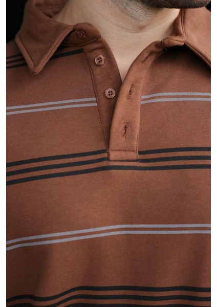 Kahverengi Çizgili Polo Yaka Erkek Sweatshirt E7172 modelleri