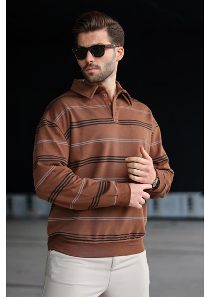 Kahverengi Çizgili Polo Yaka Erkek Sweatshirt E7172 fırsatları