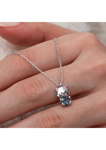 Gümüş Mistik Topaz Taşlı Sevimli Kedi Kolye