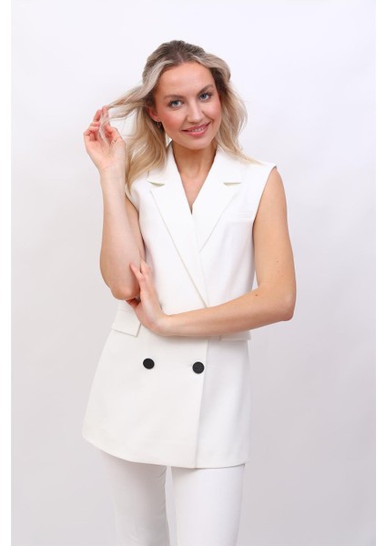 Erkek Yaka Blazer Yelek-Beyaz