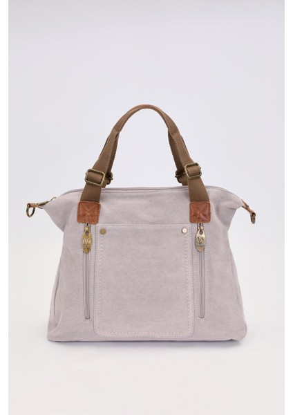 Gri Çift Fermuarlı Kumaş Askılı El Çantası