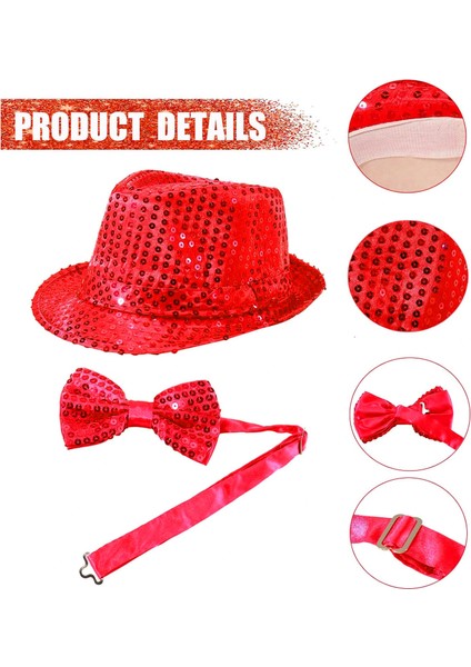 Kırmızı Payetli Şapka ve Papyon Seti – Parıltılı Yetişkin Kostüm Seti