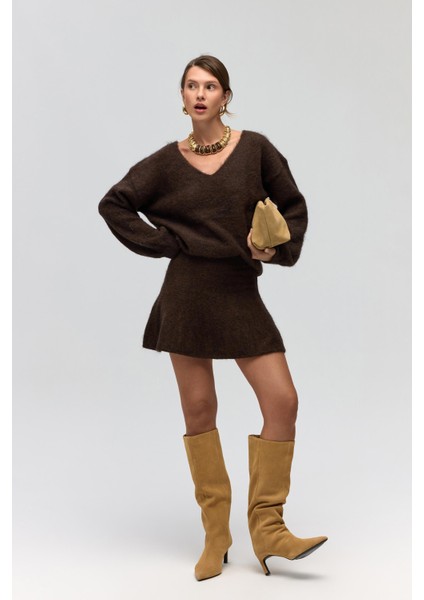 Nordis Volanlı Kahve Triko Mini Etek