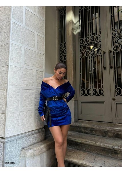 Kadife Esnek Kumaş Ön Pile Detaylı Kemerli Abiye Elbise 581989 Saks modelleri