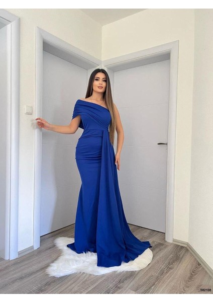 Esnek Kumaş Tek Omuz Yan Kuyruk Detaylı Balık Kesim Abiye ve Mezuniyet Elbisesi Saks 582108