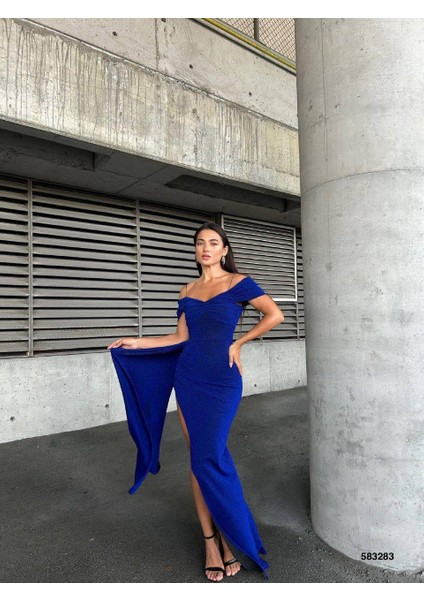 Flowers Esnek Kumaş Askılı Pile Detaylı Yırtmaçlı Abiye Elbise 583283 Saks