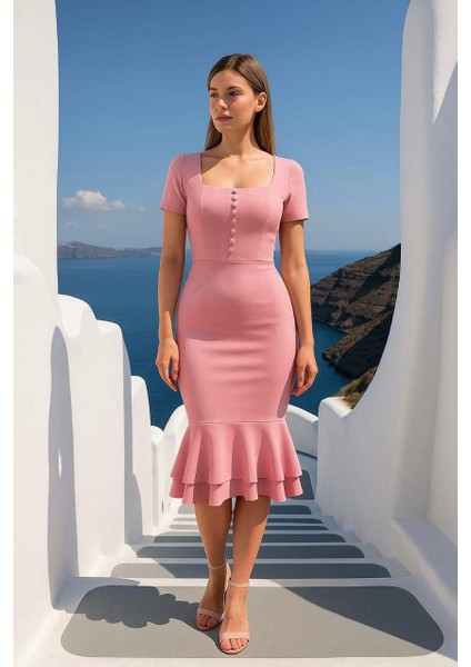 Kadın Kare Yaka Kısa Kollu Düğme Detay Çift Volanlı Midi Abiye Elbise Pudra 582981