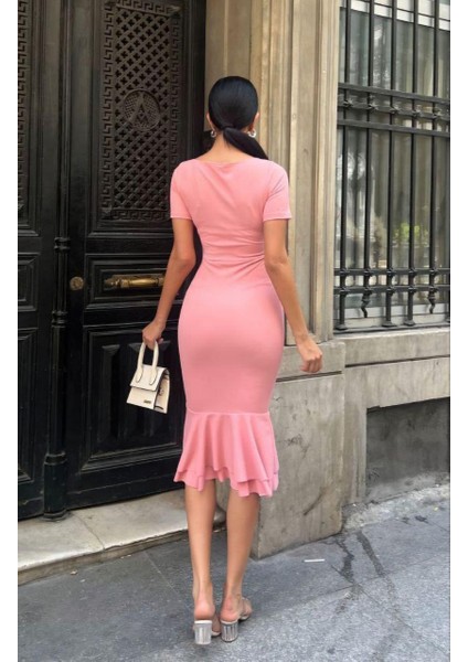 Kadın Kare Yaka Kısa Kollu Düğme Detay Çift Volanlı Midi Abiye Elbise Pudra 582981 fiyatları