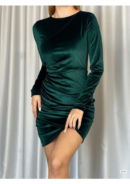Bisiklet Yaka Kadife Mini Elbise 582739 Zümrüt fırsatları