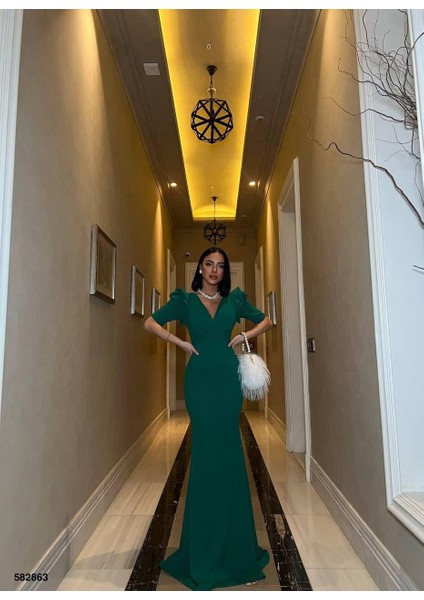 Kruvaze Yaka Balık Scuba Abiye Elbise Zümrüt 582863