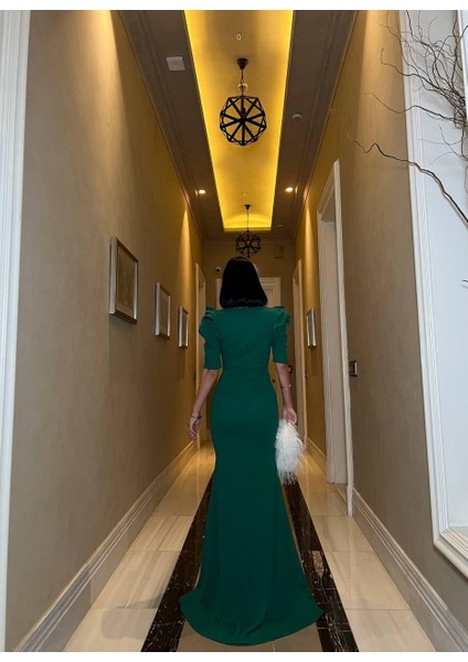 Kruvaze Yaka Balık Scuba Abiye Elbise Zümrüt 582863 fırsatları