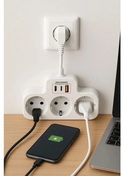 Çoklu Kablolu Priz Yüksek Gerilim Korumalı 3’lü Priz 1x USB 2x Type-C Çıkışlı Grup Priz Çoğaltıcı Siyah fırsatları