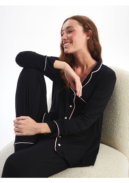 Yeni Sezon Gömlek Yaka Düz Uzun Kollu Kadın Pijama Takımı