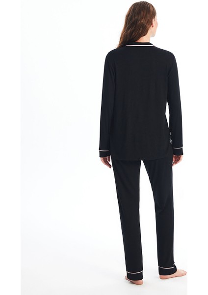 Yeni Sezon Gömlek Yaka Düz Uzun Kollu Kadın Pijama Takımı fırsatları