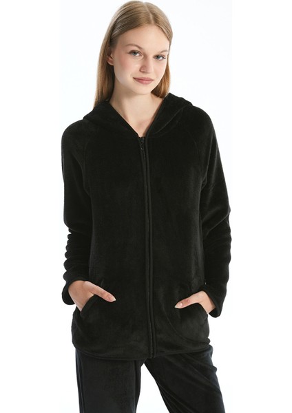 Yeni Sezon Kapüşonlu Düz Uzun Kollu Kadın Pelüş Pijama Üst