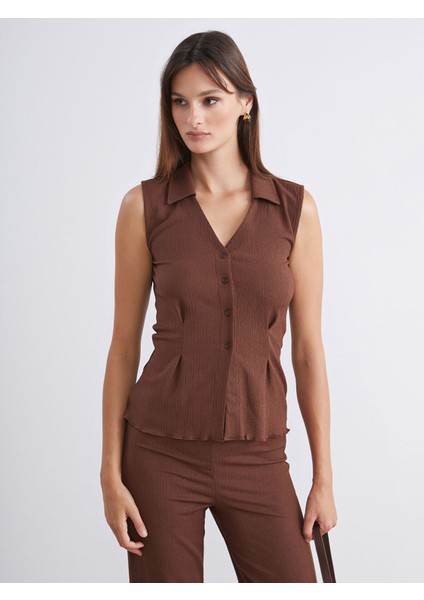 Yeni Sezon Gömlek Yaka Dokulu Kadın Yelek