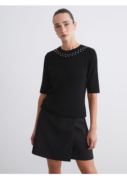 Yeni Sezon Bisiklet Yaka Taşlı Kadın Triko Kazak