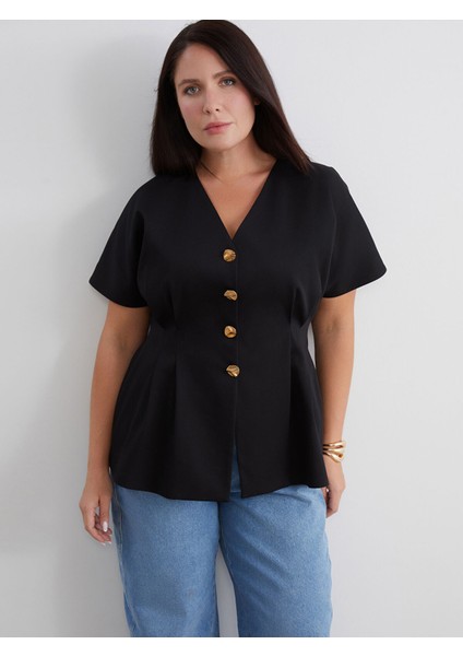 Yeni Sezon Büyük Beden V Yaka Peplum Bluz