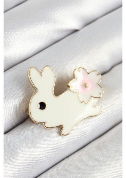 Mineli Çiçek Detaylı Krem Tavşan Figürlü Gold Renk Kadın Broş