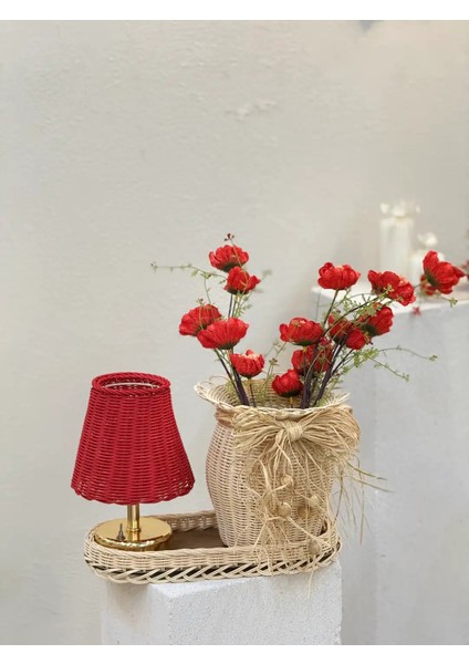 4'lü Rattan Kırmızı Gelincik Vazo Set