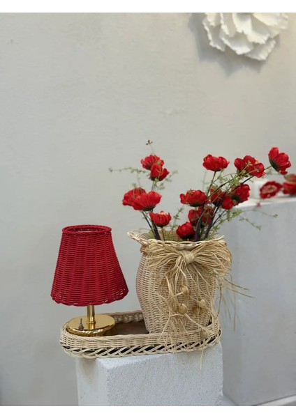 4'lü Rattan Kırmızı Gelincik Vazo Set