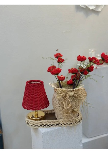 4'lü Rattan Kırmızı Gelincik Vazo Set